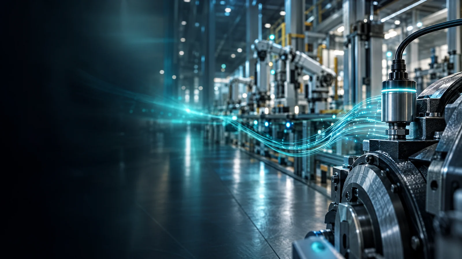 Industrial sensor streaming real-time analytic signals inside a smart factory.
