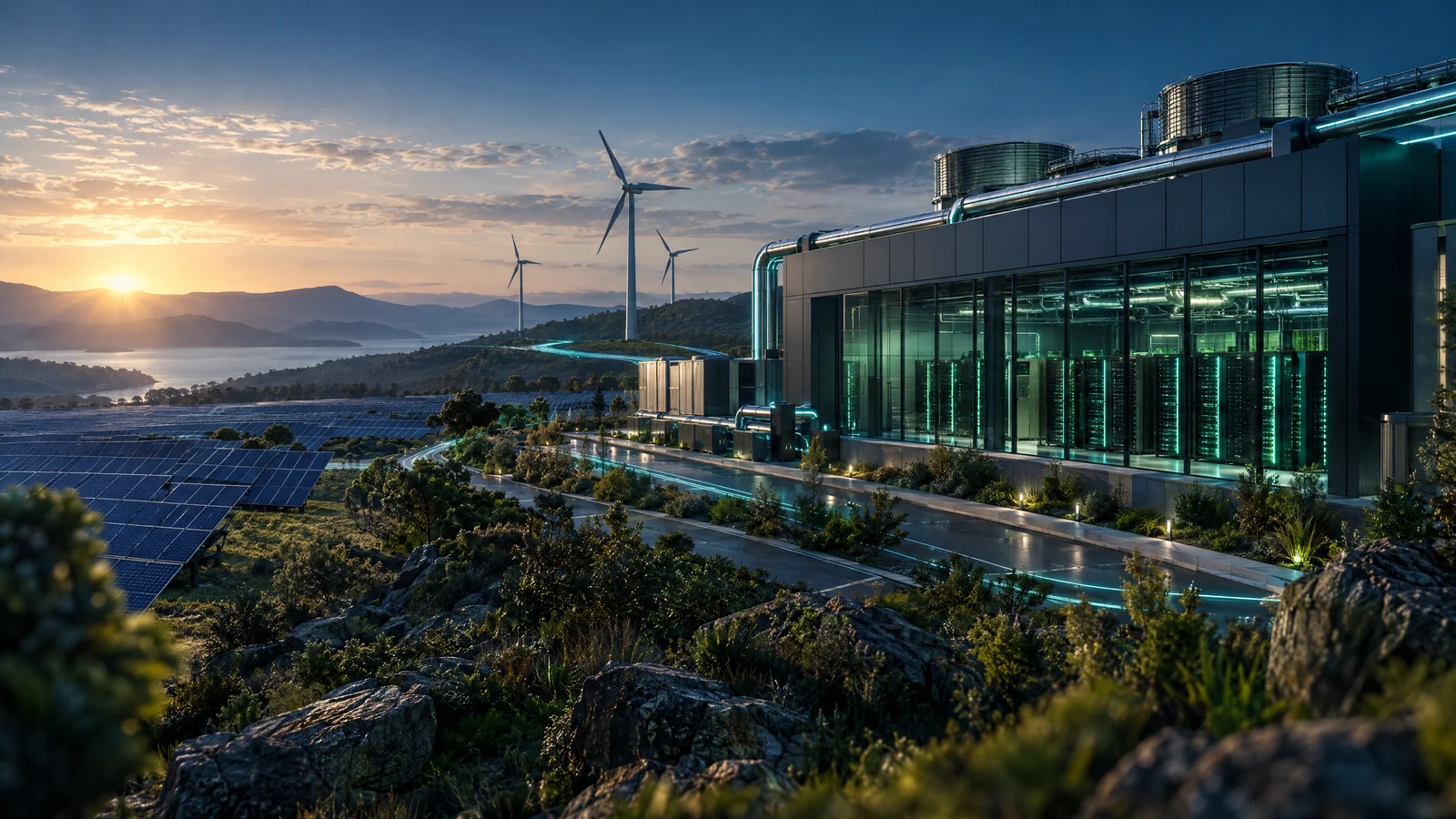 Sustainable data centre powered by renewable energy, representing green software engineering.