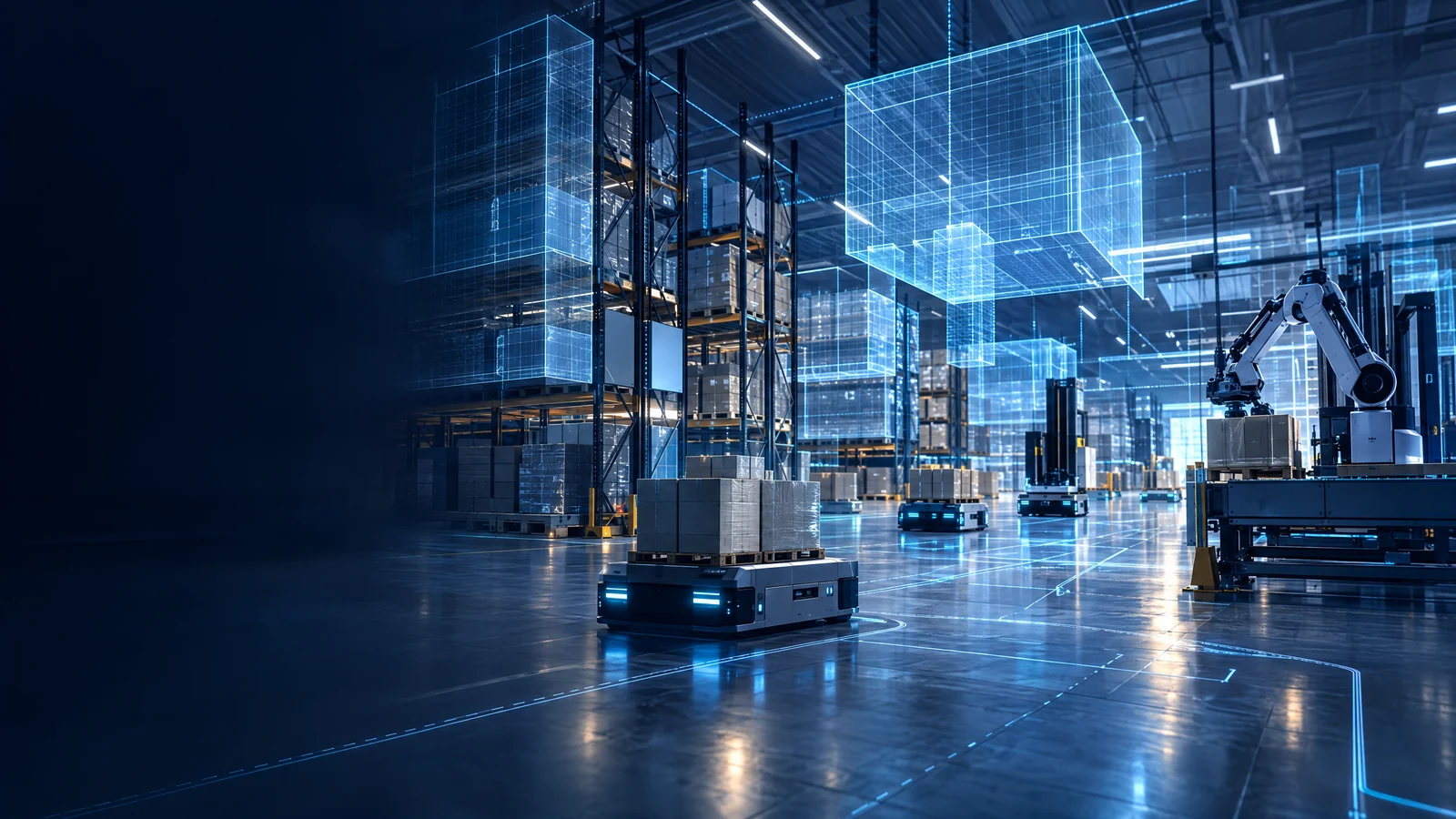 Industrial warehouse with augmented reality spatial overlays and autonomous equipment.