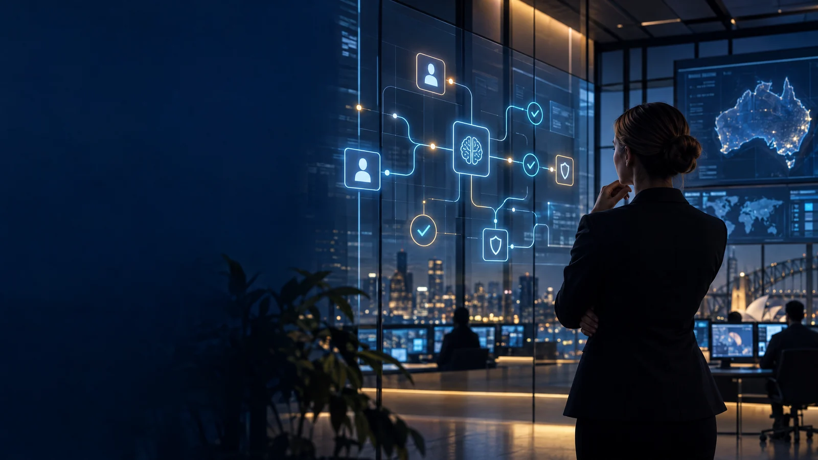 HITL operations manager reviewing secure AI workflow governance in an Australian enterprise control room.