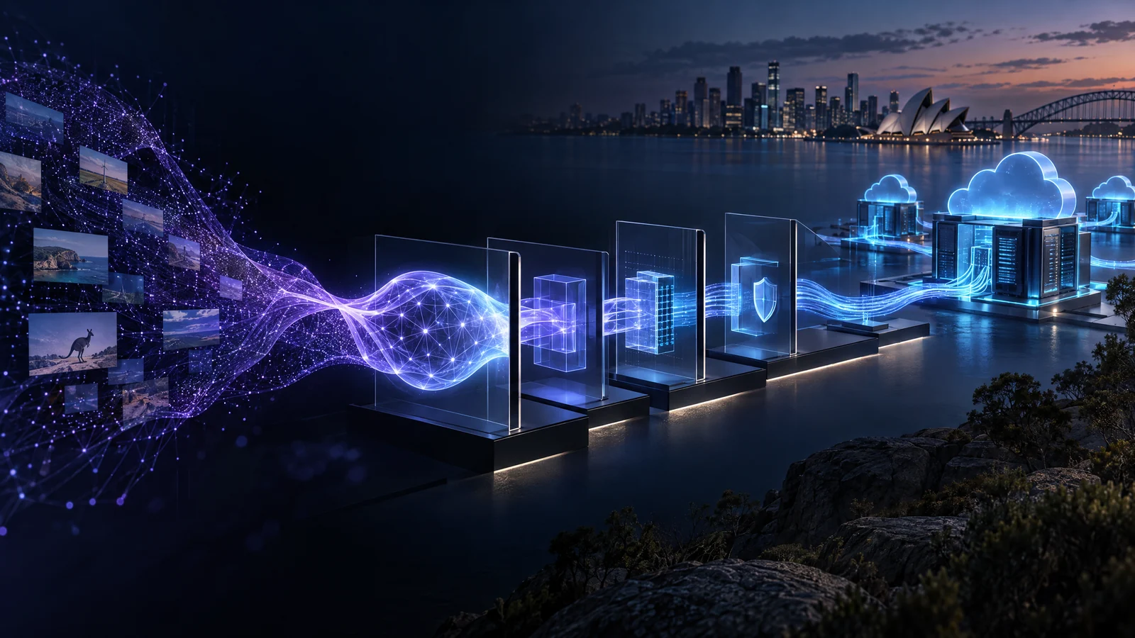 AI model pipeline connecting intelligent data flows to secure cloud deployment.