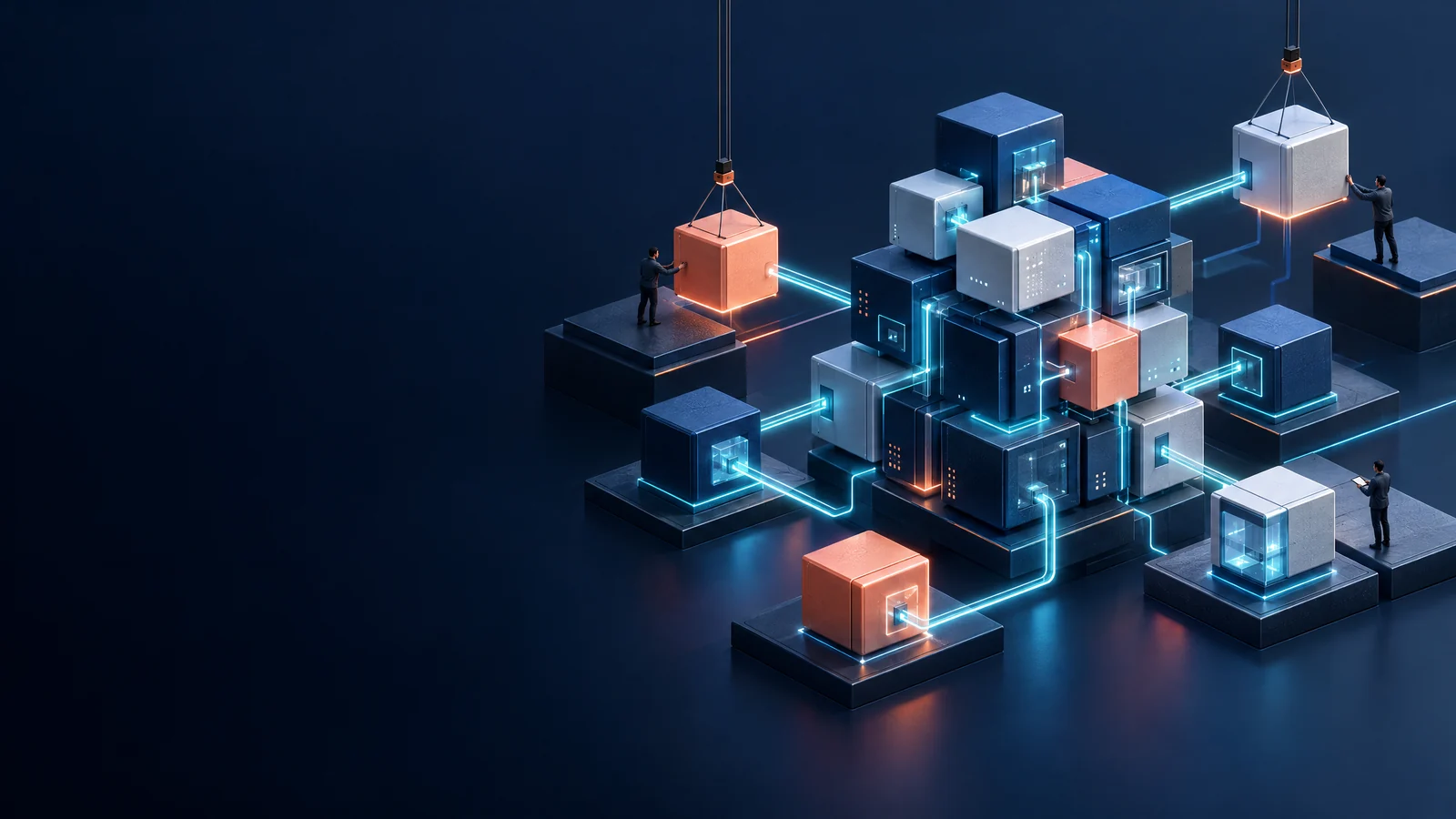 Modular software architecture blocks connected by luminous data paths.