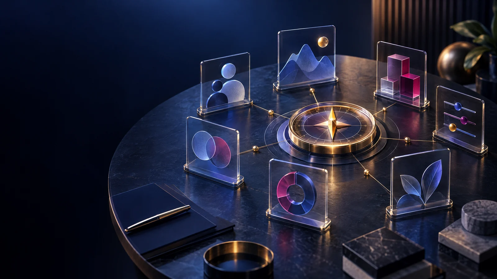 Product strategy compass and insight cards representing AI native product management.