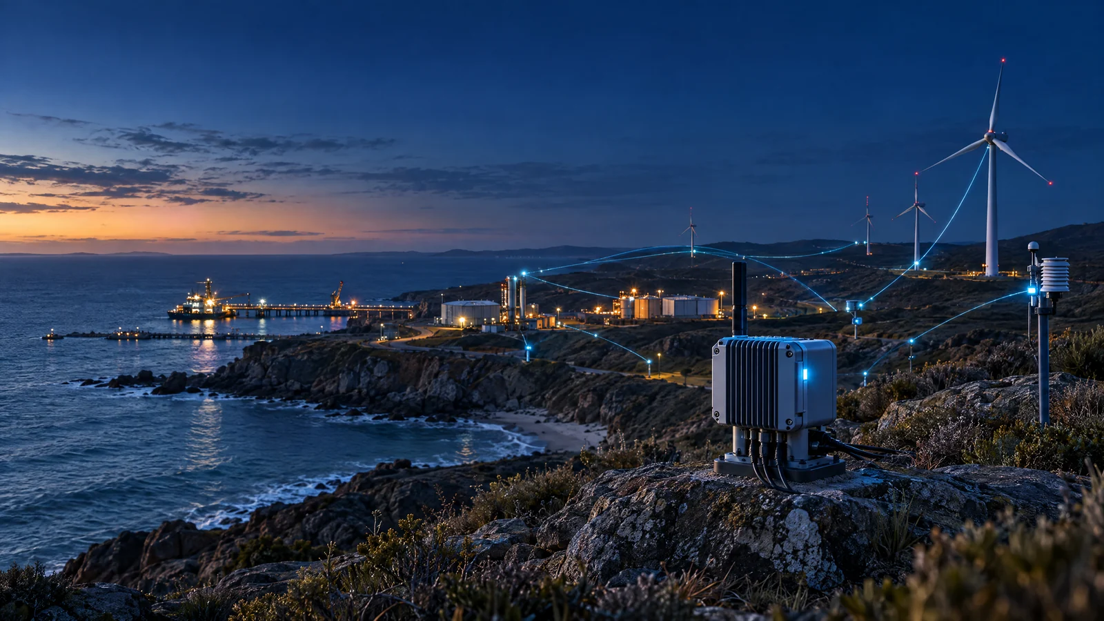 Coastal edge device connecting industrial infrastructure and wind turbines at dusk.