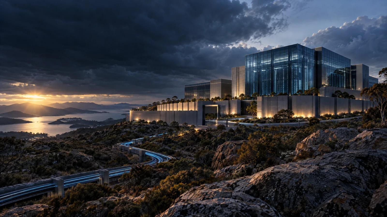 Secure Australian data centre and fibre infrastructure under dramatic clouds.